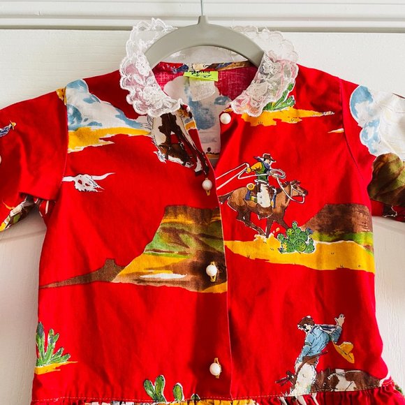 Vintage Western Print Girls Cotton Lace Collar Dress Flaw Size 5 - Picture 7 of 10